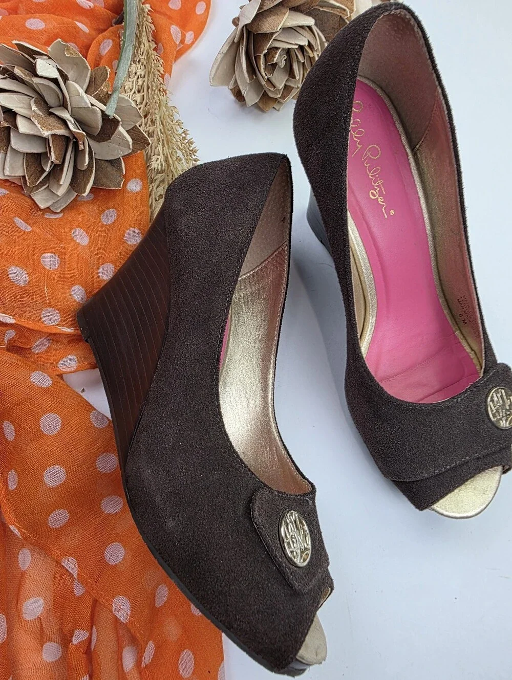 Lilly Pulitzer Brown Suede Peep-Toe Wedges Sz 6